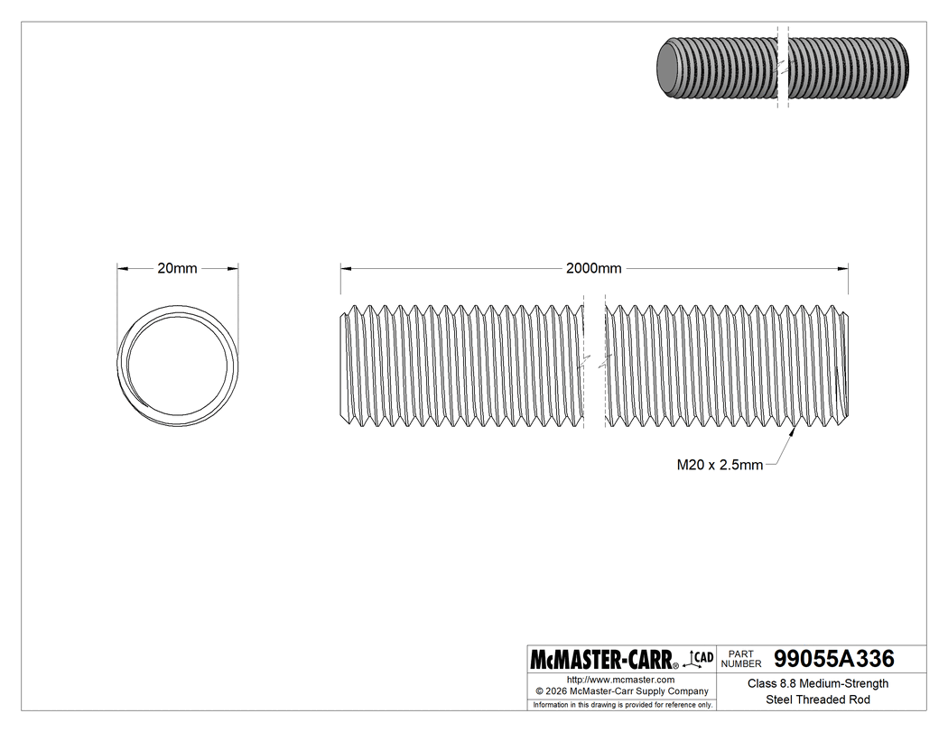 Technical Drawing of Class 8.8 Medium-Strength Steel Threaded Rod, M20 x 2.5 mm Thread Size, 2 M Long.